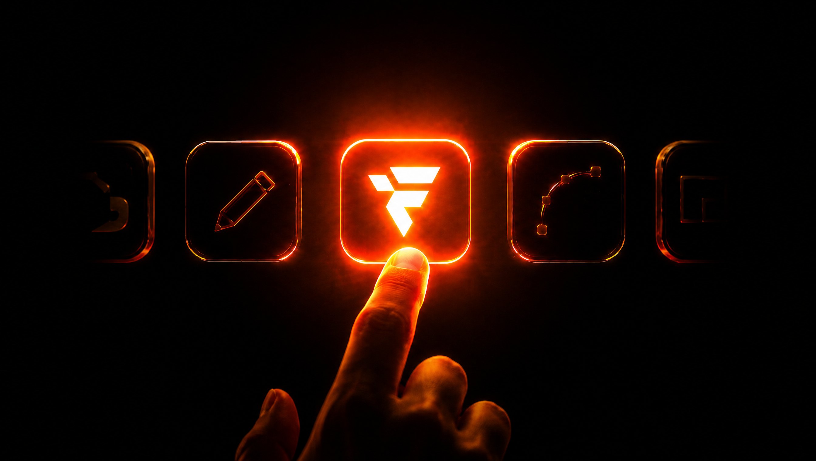 A finger pressing a glowing Folista tile in a row of design tool icons